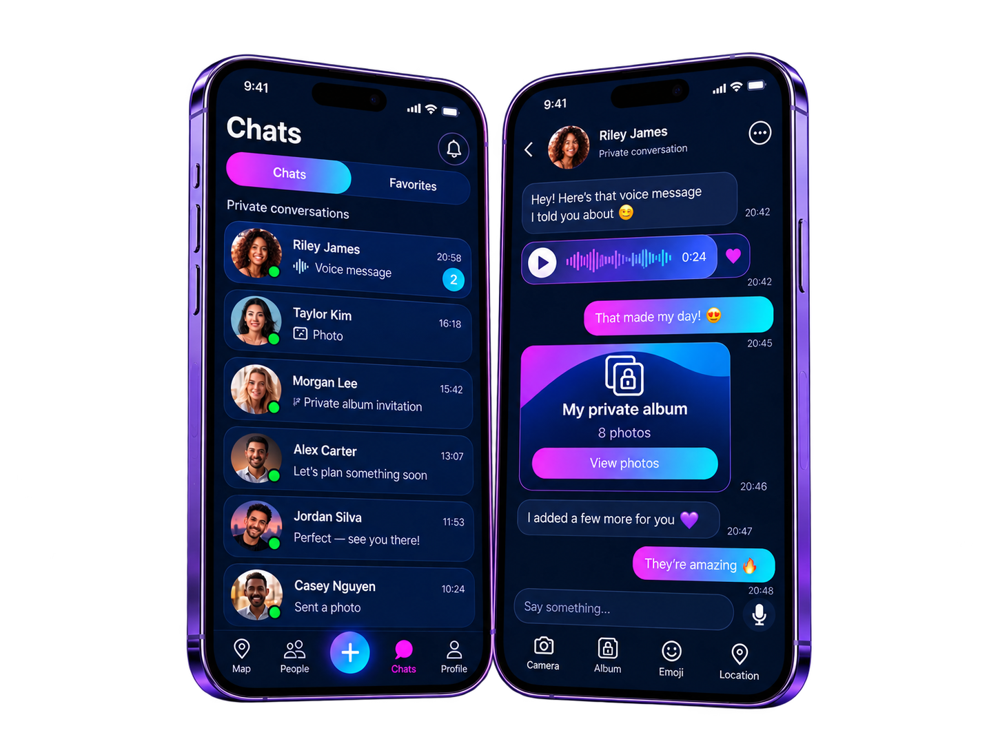 Proudlii Chats preview showing the supplied photorealistic models, voice messages, and private sharing, with both phone screens and their proportions intact