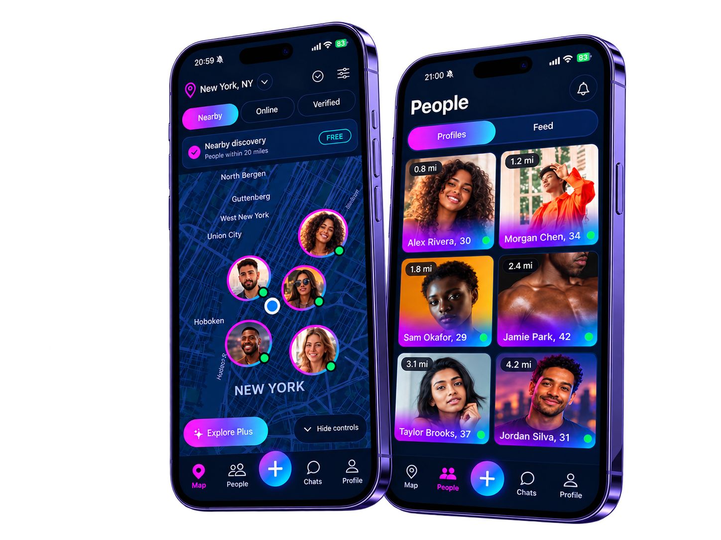 Proudlii nearby discovery preview, with a map and a grid of distinct photorealistic adult profiles inside the supplied phone devices