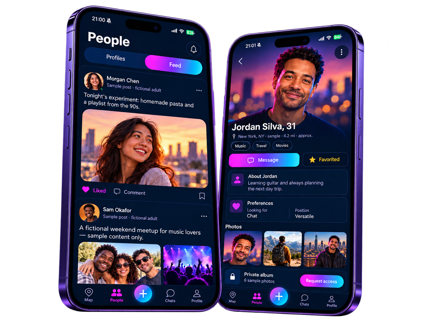 Proudlii People and profile mockups, with the supplied feed photography, interests, favorites, and private album controls, inside their matching devices
