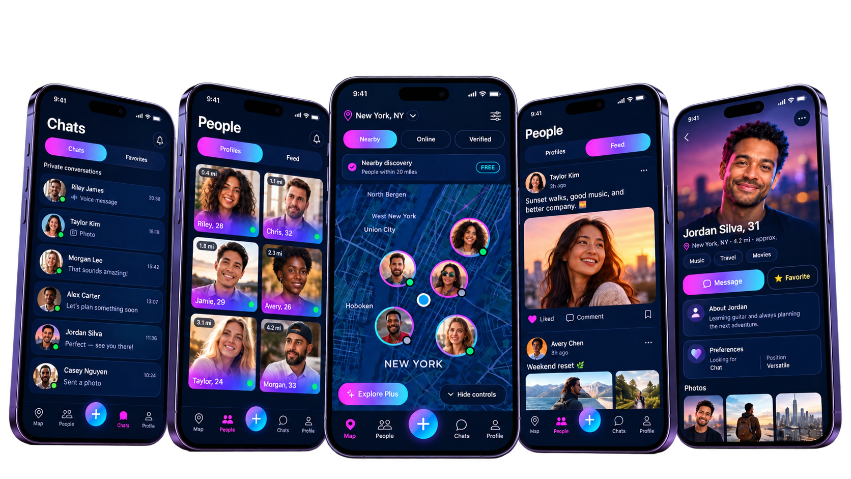 Proudlii app preview showing five phones with Chats, People, nearby discovery, Feed, and a personal profile